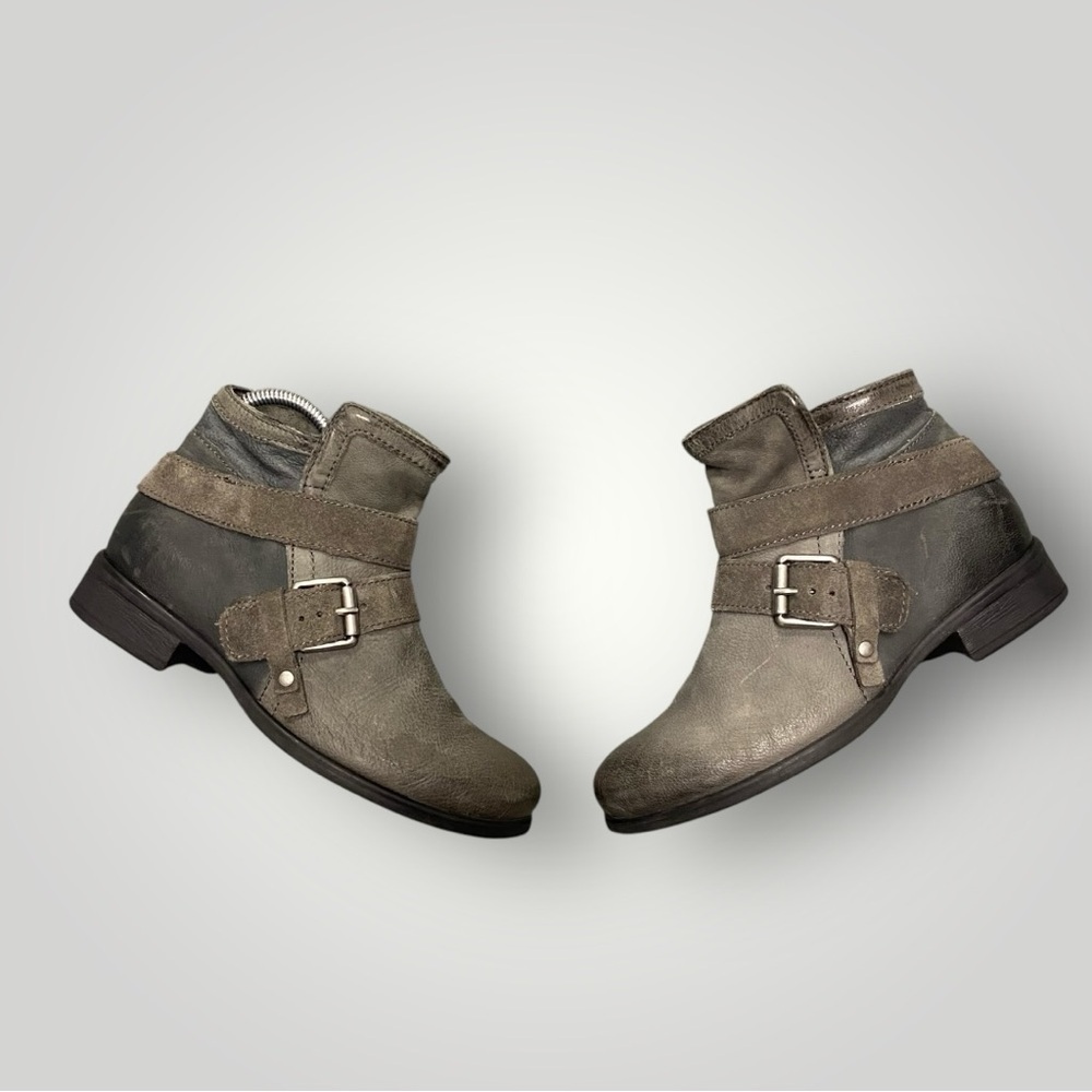 Miz Mooz Leather Buckle Medium Width Ankle Boots Spencer Gray Sz 37